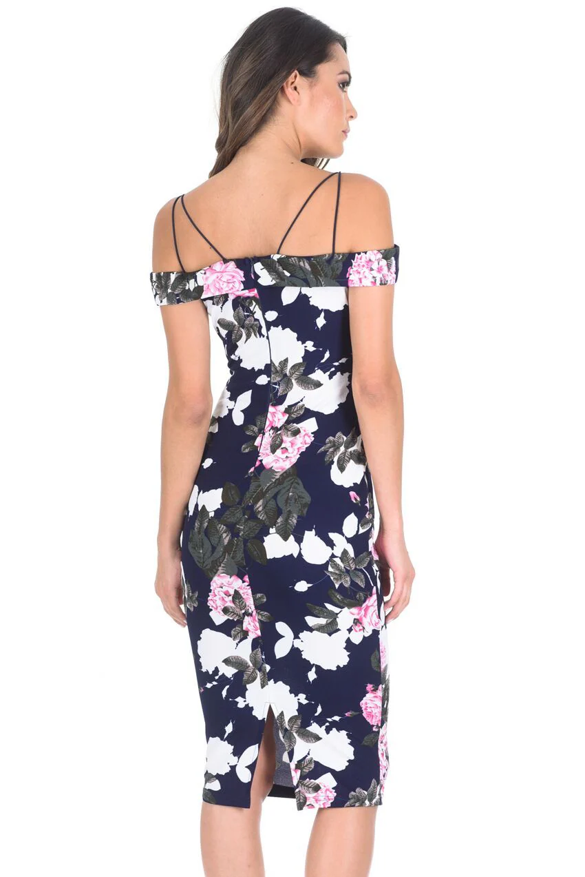 Navy Off Shoulder Floral Bodycon Midi Dress - Image 4