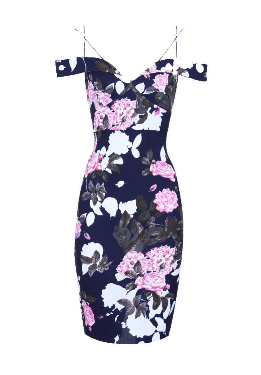 Navy Off Shoulder Floral Bodycon Midi Dress - Image 5