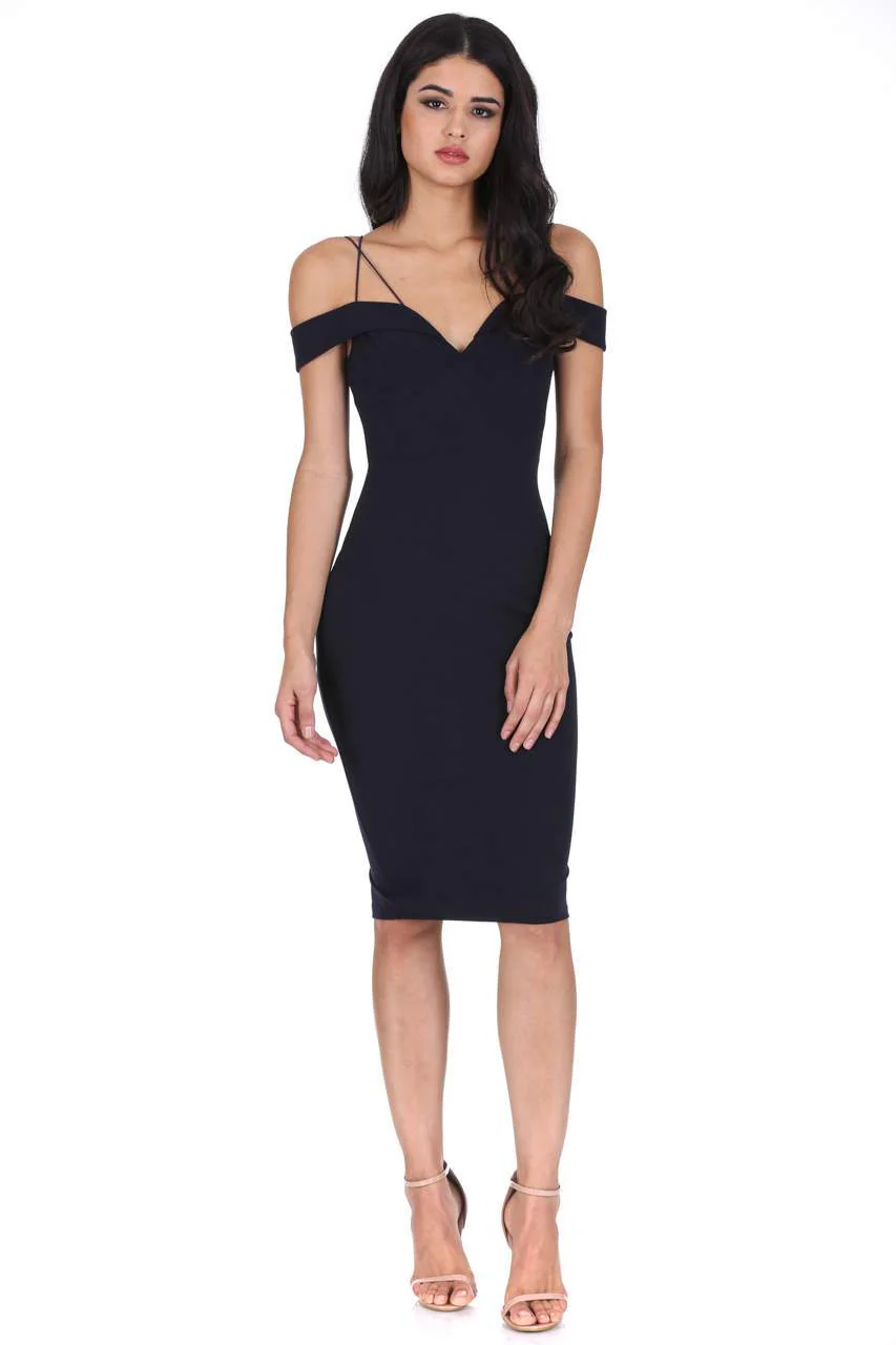 Navy Off The Shoulder Bodycon Dress - Image 3