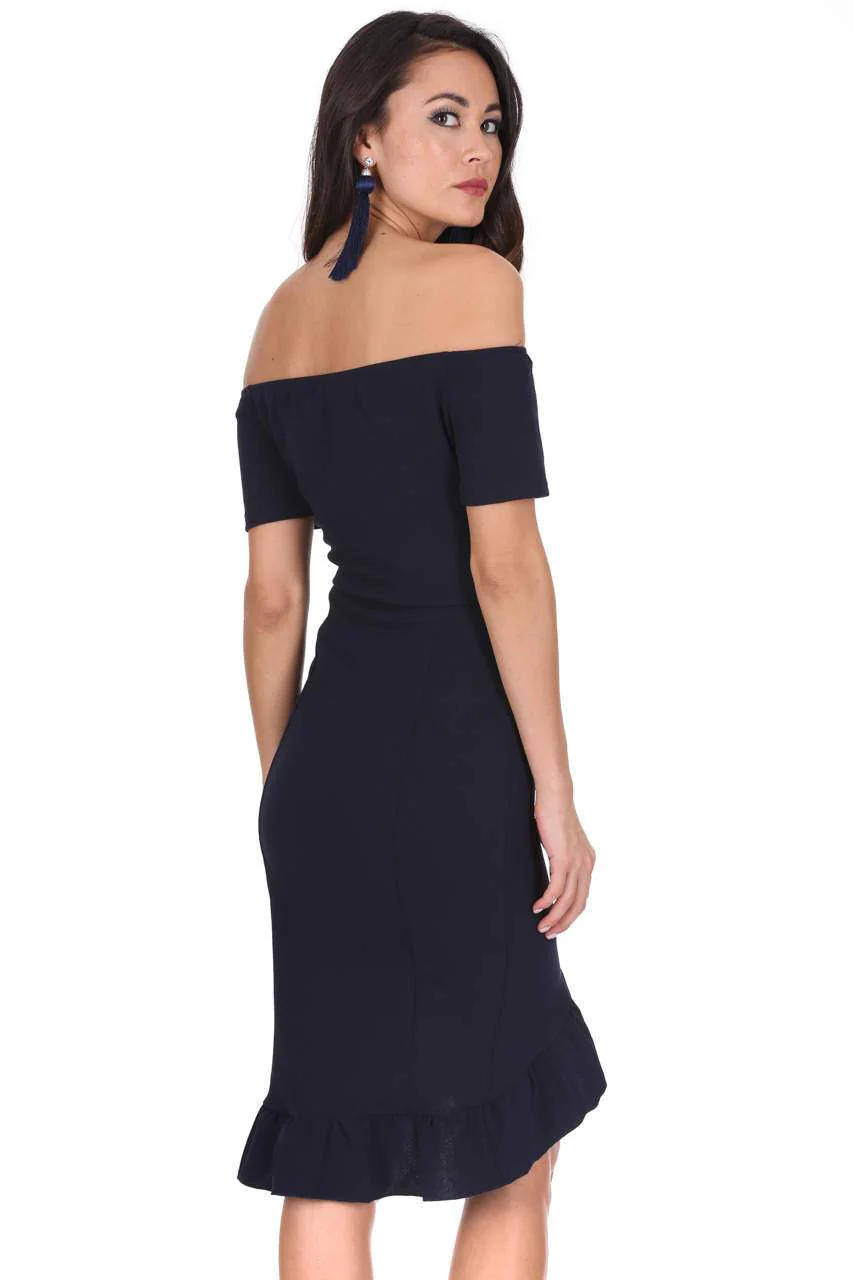 Navy Off The Shoulder Frill Detail Bodycon Dress - Image 3