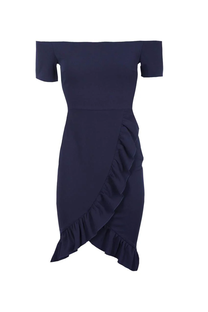 Navy Off The Shoulder Frill Detail Bodycon Dress - Image 4