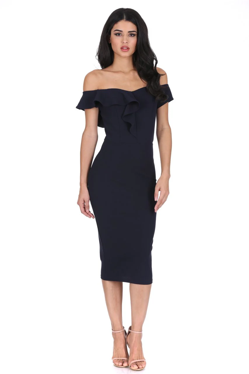 Navy Off The Shoulder Frill Detail Midi Dress - Image 2