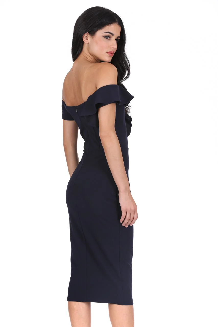 Navy Off The Shoulder Frill Detail Midi Dress - Image 3