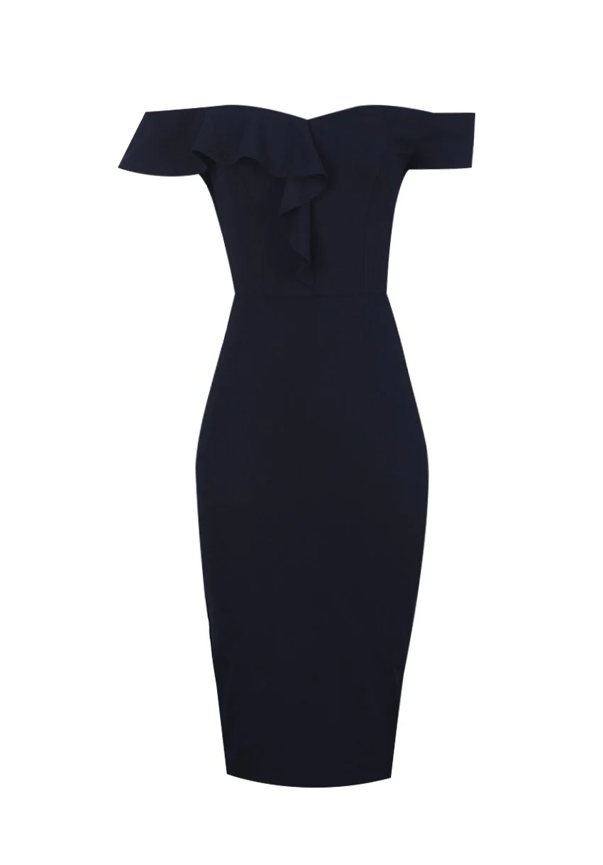 Navy Off The Shoulder Frill Detail Midi Dress - Image 4