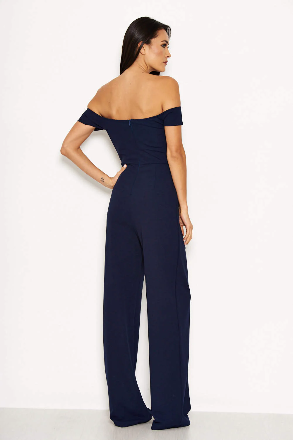 Navy Off The Shoulder Jumpsuit With Military Button Detail - Image 3