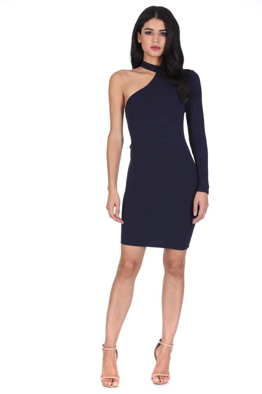 Navy One Sleeve Choker Bodycon Dress - Image 2