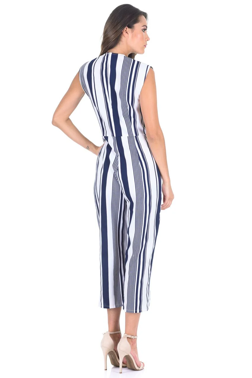 Navy Pinstripe Wrap Front Culotte Jumpsuit - Image 3