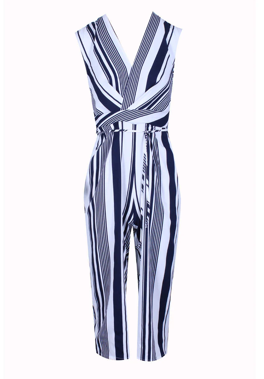 Navy Pinstripe Wrap Front Culotte Jumpsuit - Image 4