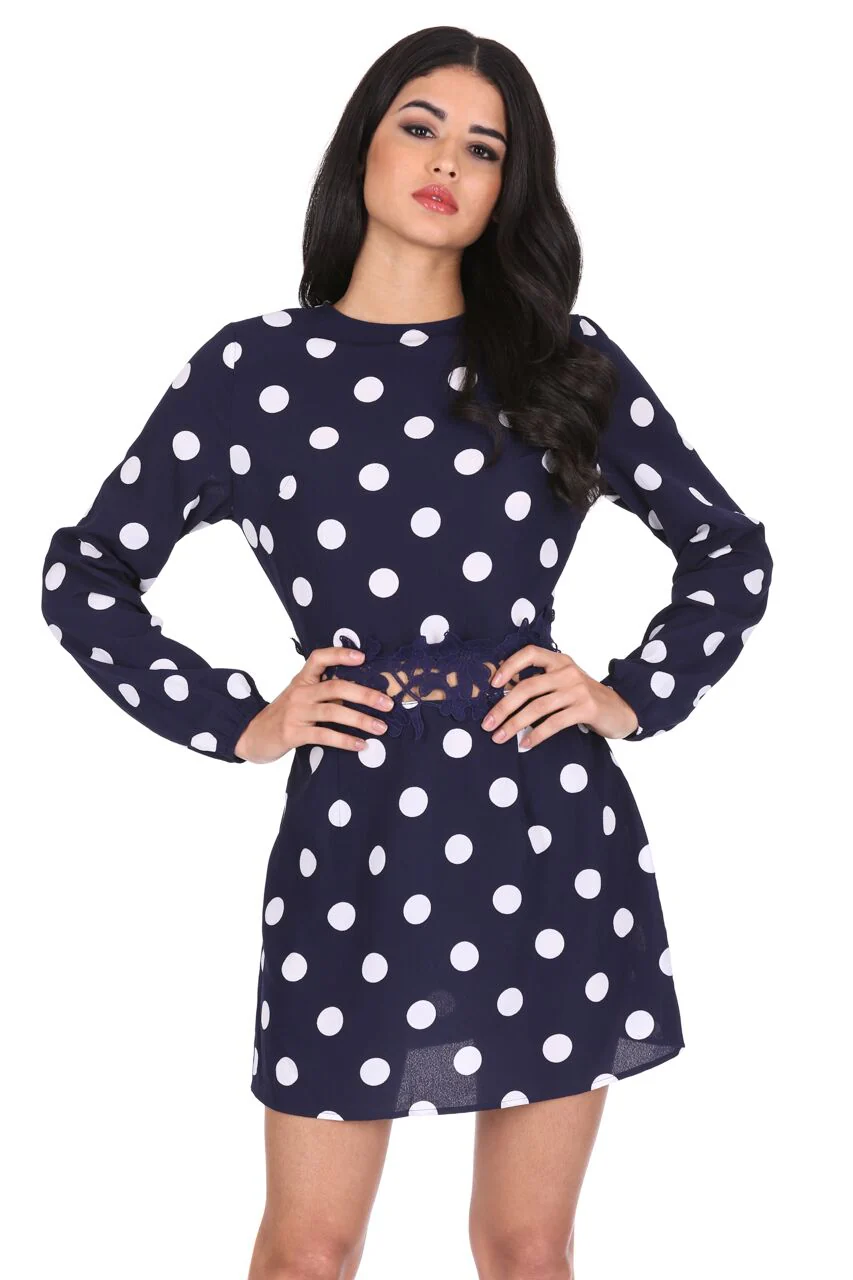 Navy Polka Dot Crochet Waist Skater Dress