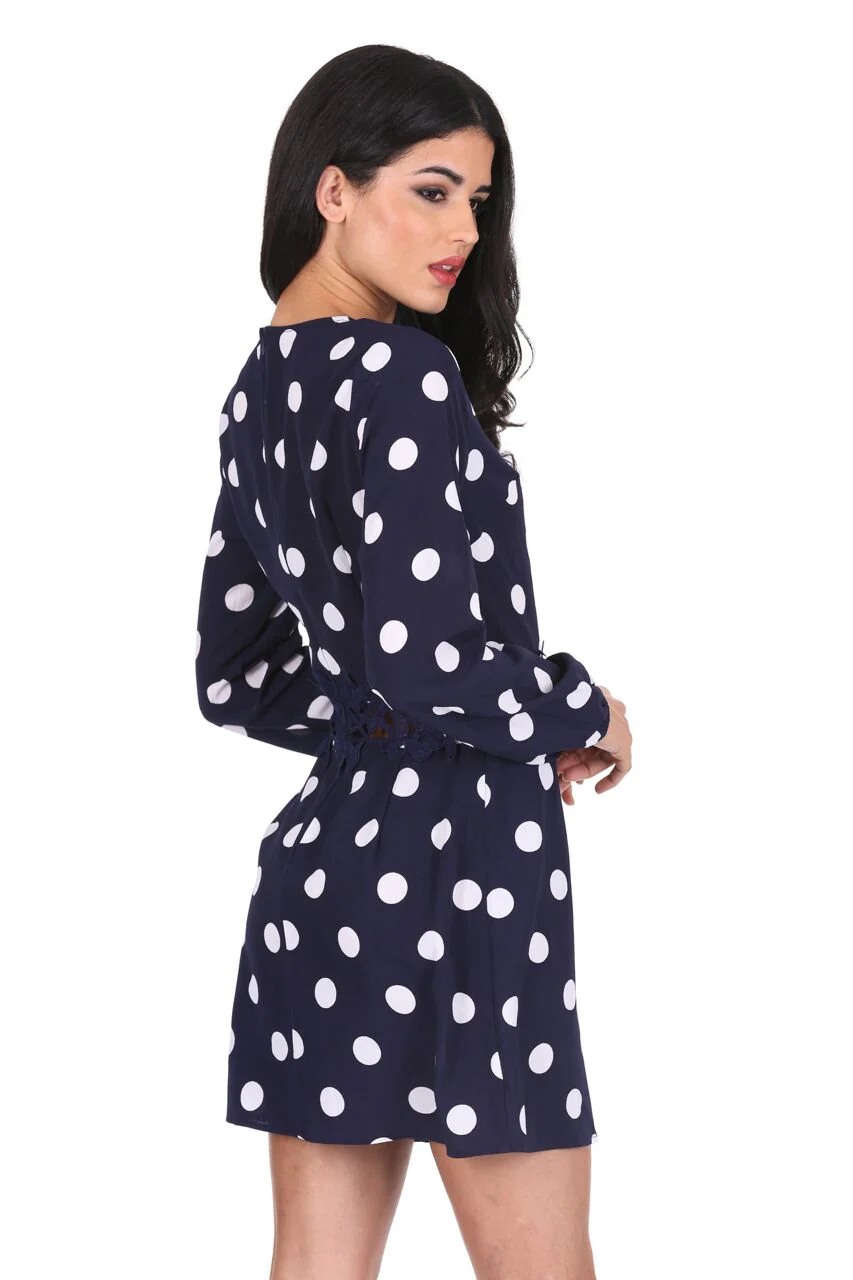 Navy Polka Dot Crochet Waist Skater Dress - Image 3