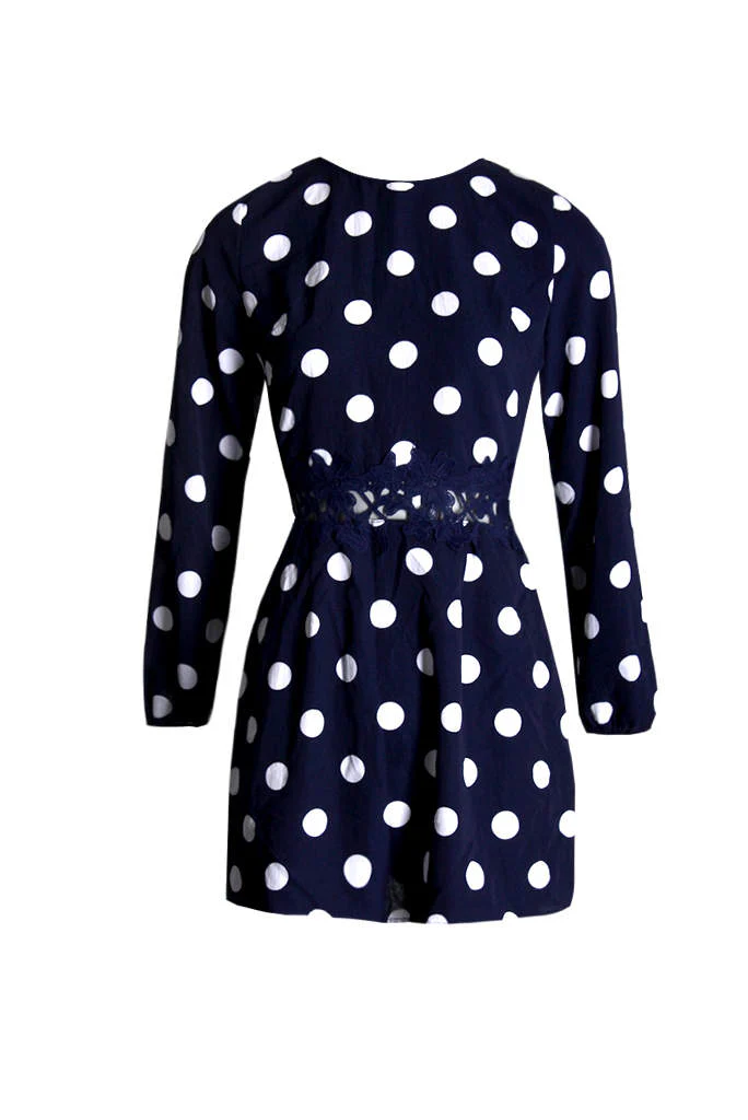 Navy Polka Dot Crochet Waist Skater Dress - Image 4