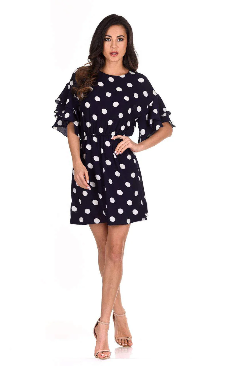 Navy Polka Dot Frill Sleeve Dress - Image 2