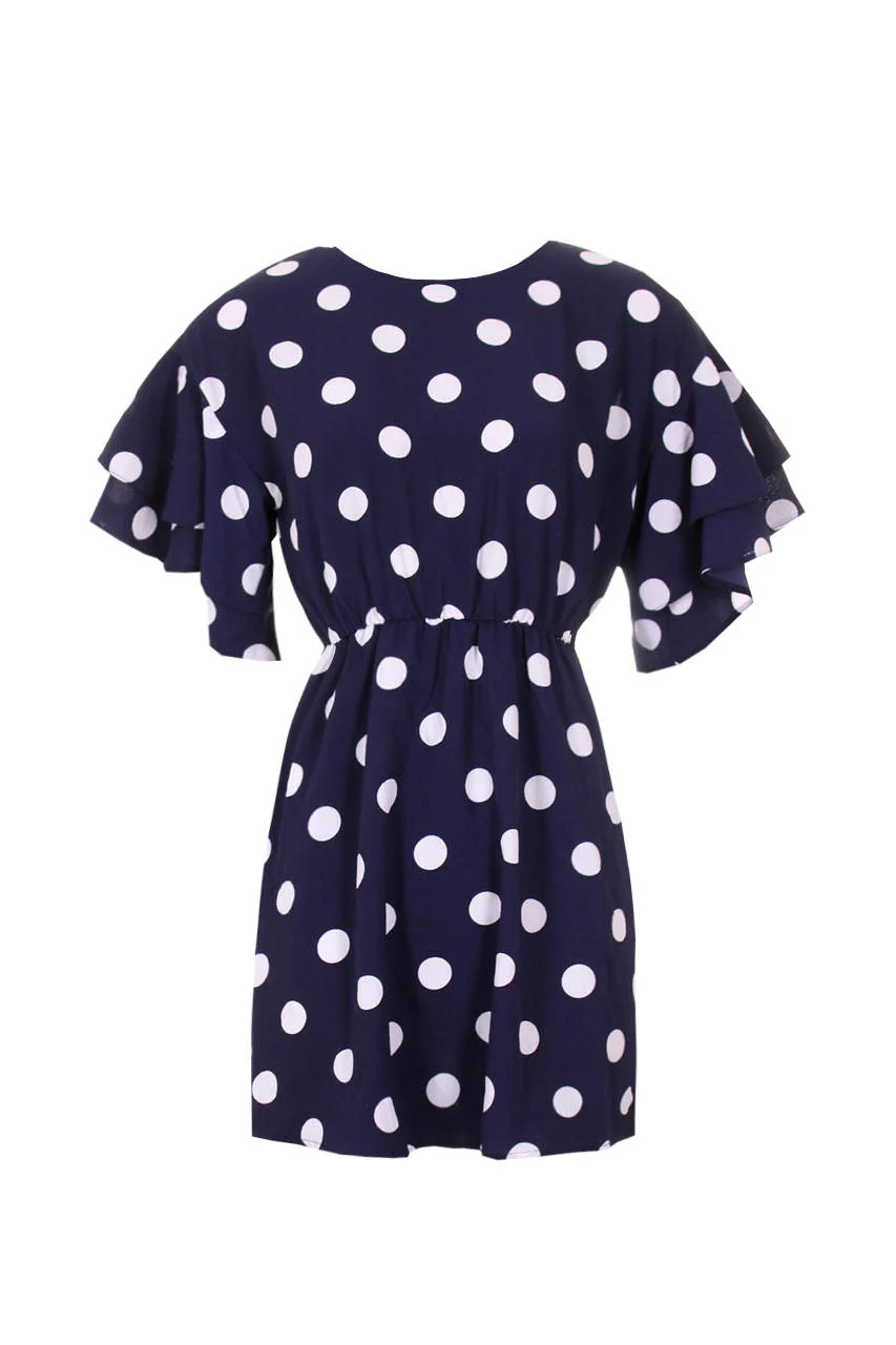 Navy Polka Dot Frill Sleeve Dress - Image 4