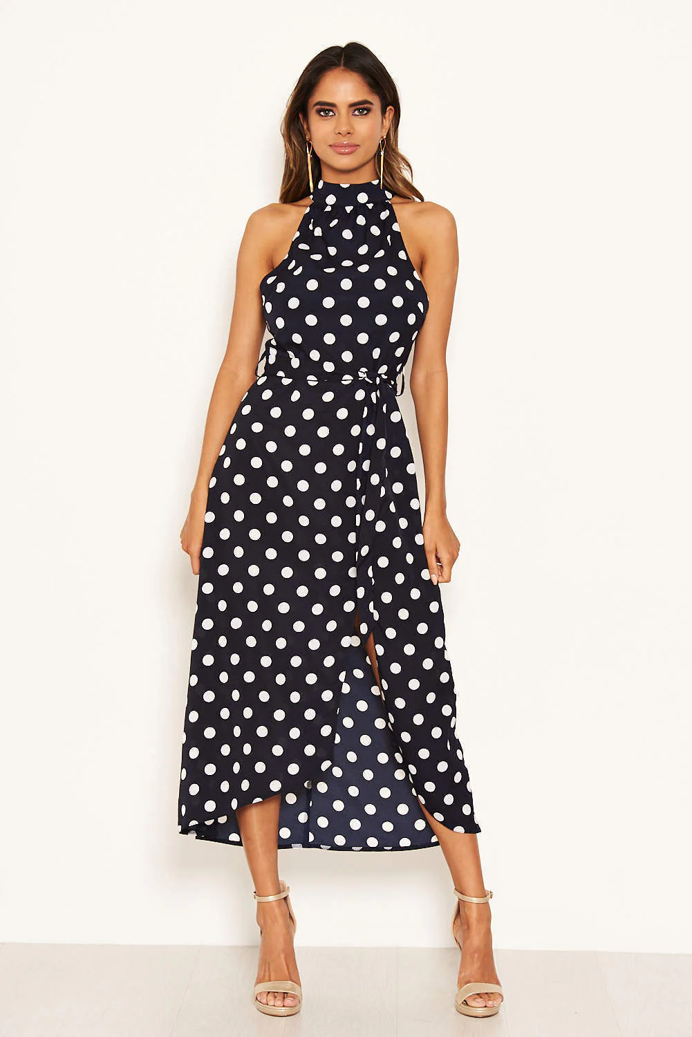 Navy Polka Dot High Neck Slit Front Dress - Image 4