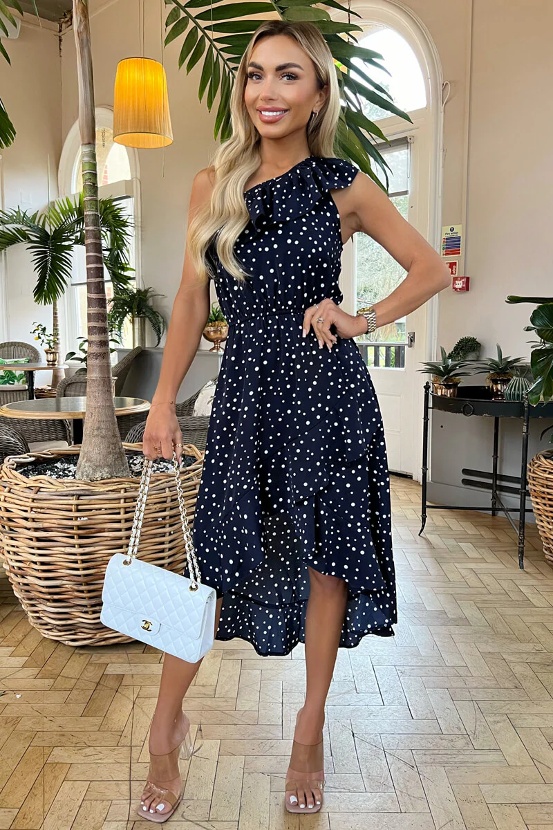 Navy Polka Dot One Shoulder Frill Detail Dipped Hem Dress - Image 2