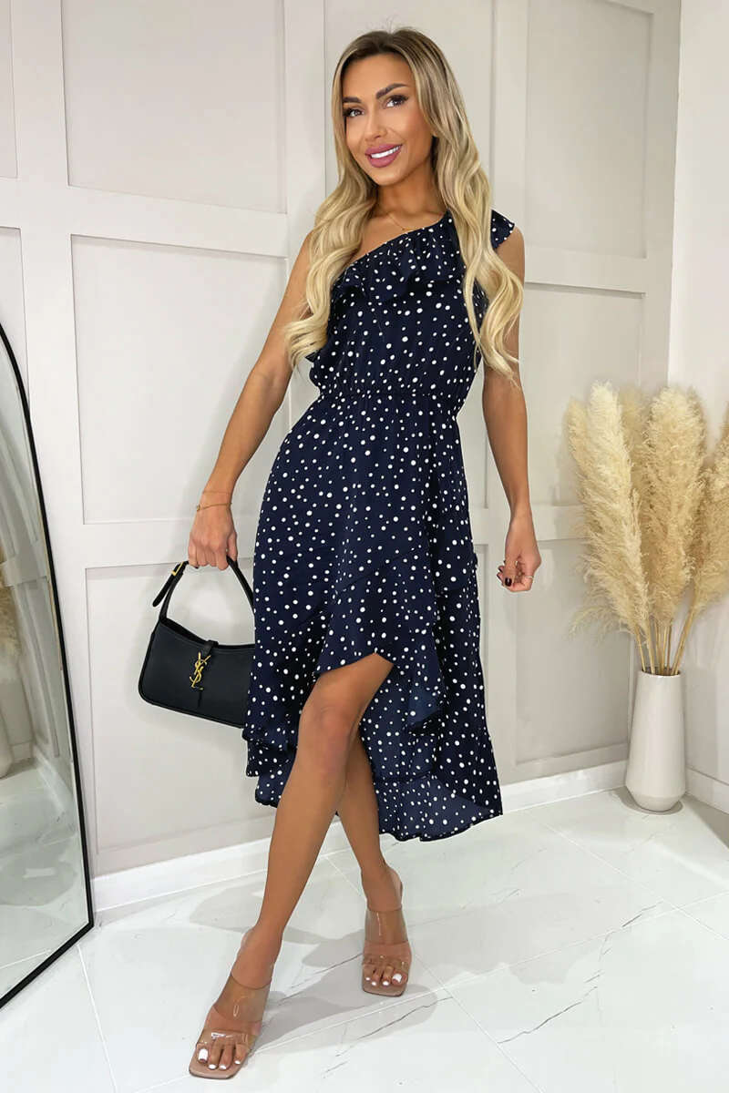 Navy Polka Dot One Shoulder Frill Detail Dipped Hem Dress - Image 5