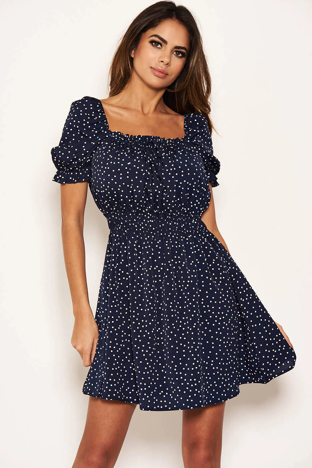 Navy Polka Dot Square Neck Swing Dress - Image 2