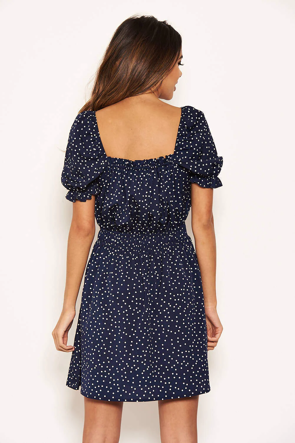 Navy Polka Dot Square Neck Swing Dress - Image 4