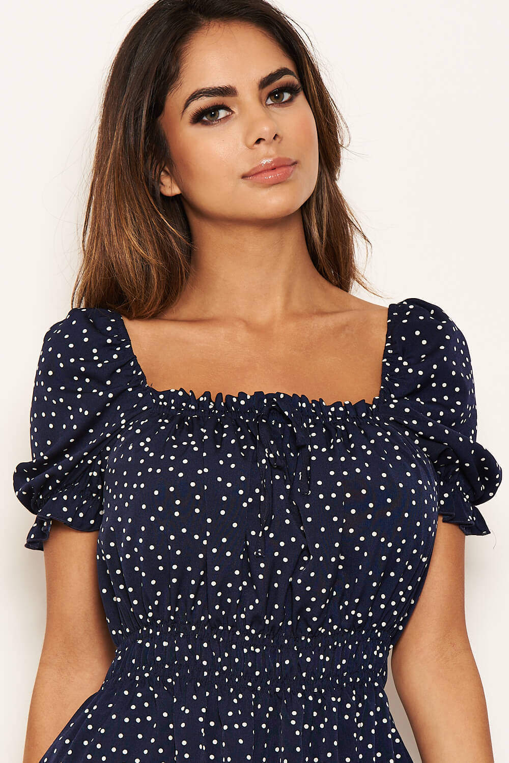 Navy Polka Dot Square Neck Swing Dress - Image 6
