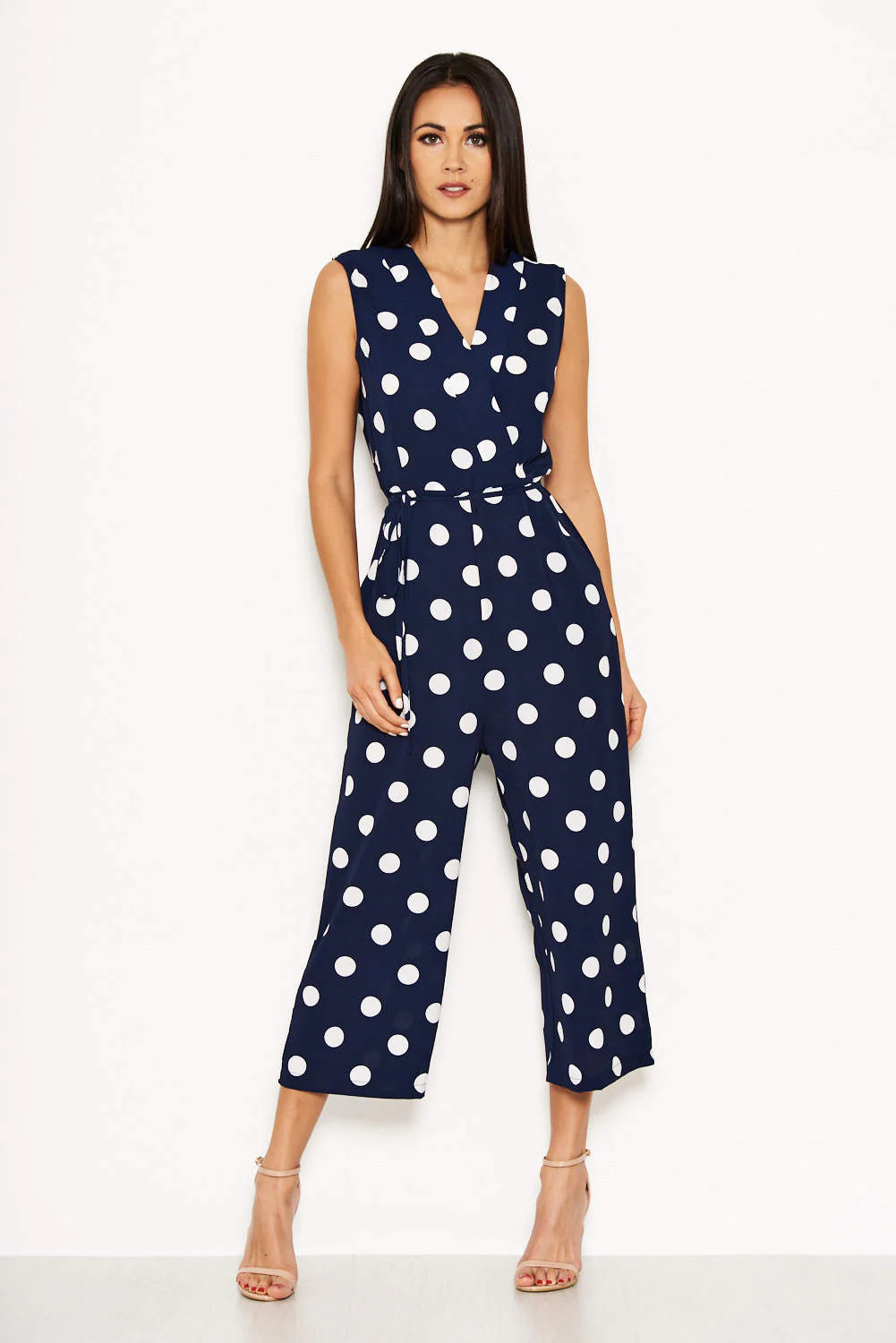 Navy Polka Dot Tie Waist Jumpsuit - Image 2