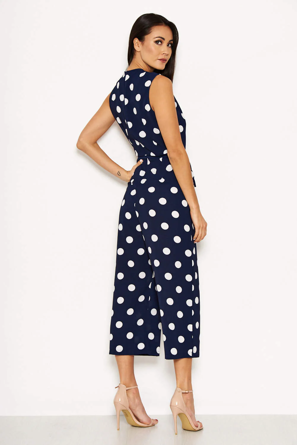 Navy Polka Dot Tie Waist Jumpsuit - Image 3