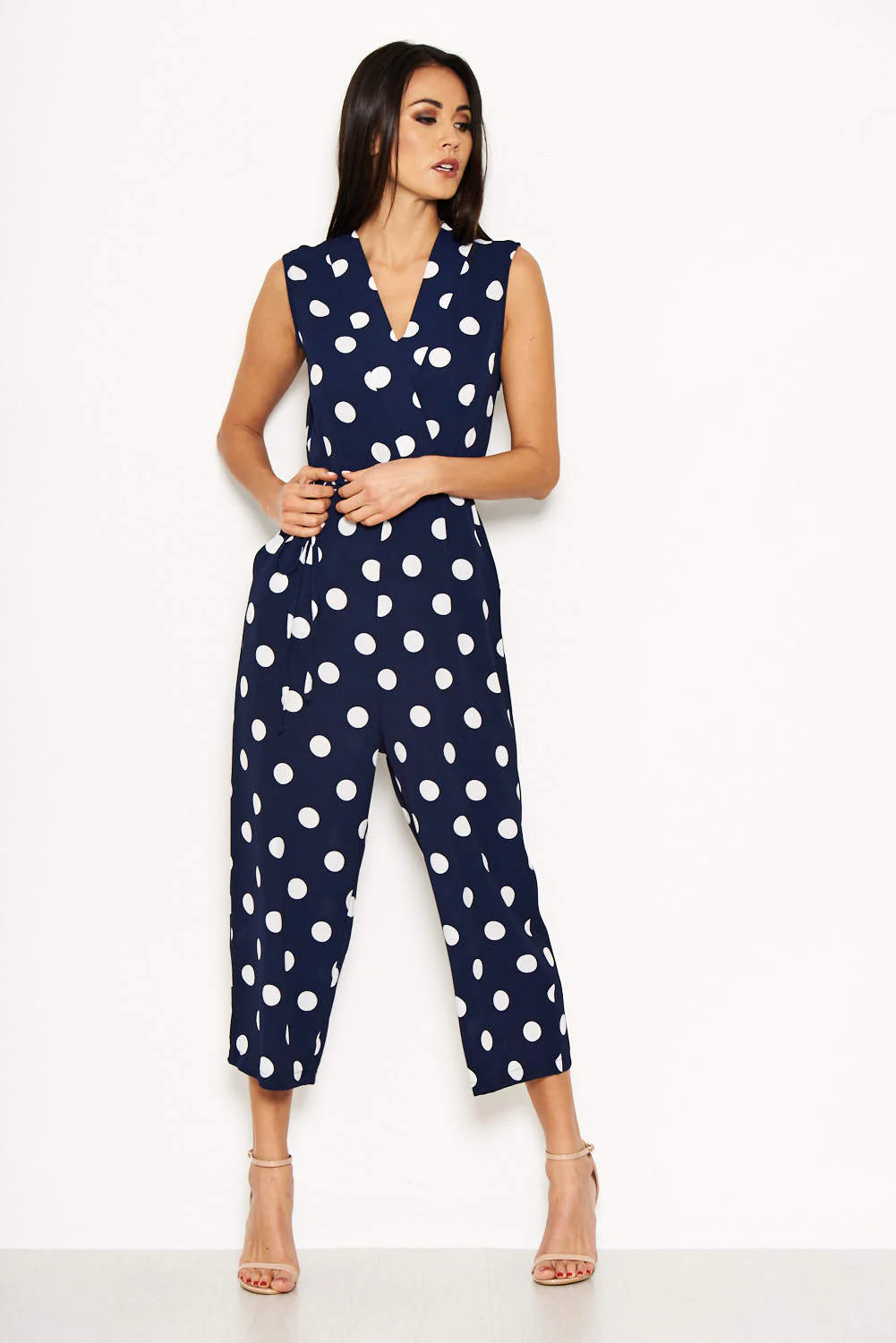 Navy Polka Dot Tie Waist Jumpsuit - Image 4