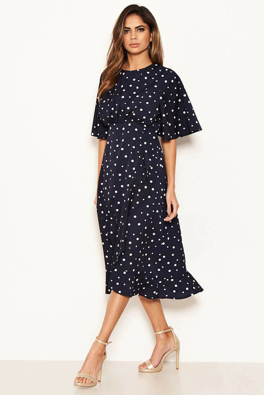 Navy Polka Dot Wrap Frill Midi Dress - Image 4