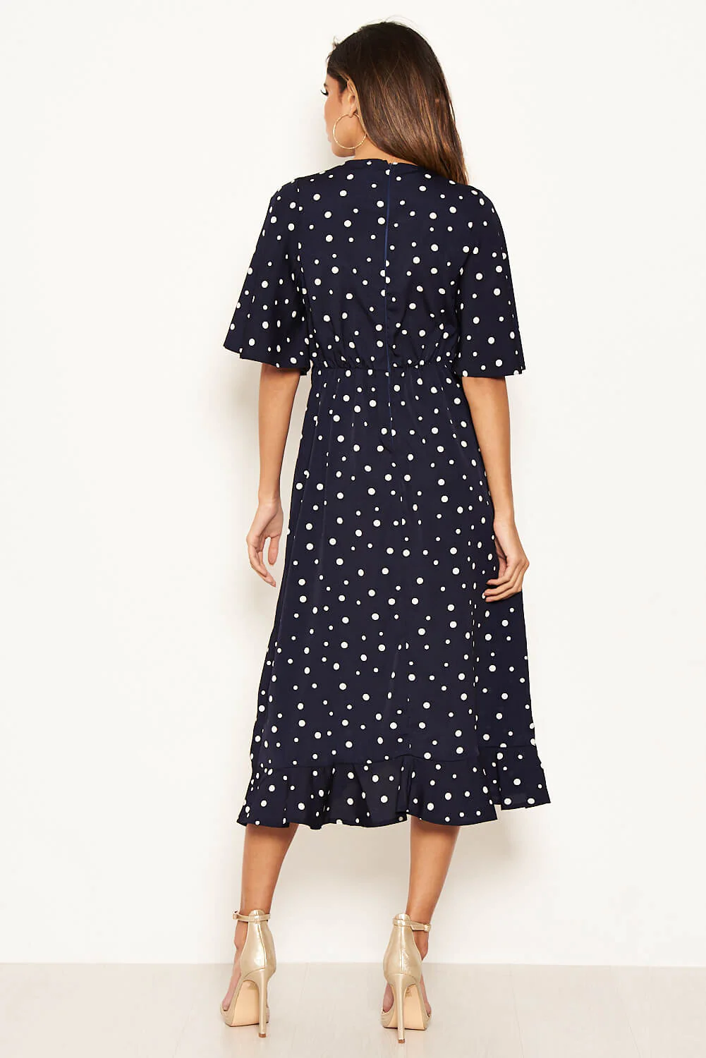 Navy Polka Dot Wrap Frill Midi Dress - Image 5