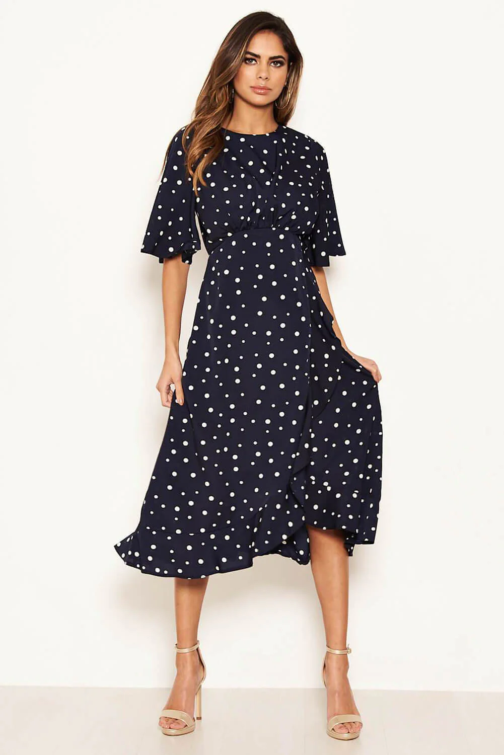 Navy Polka Dot Wrap Frill Midi Dress - Image 6
