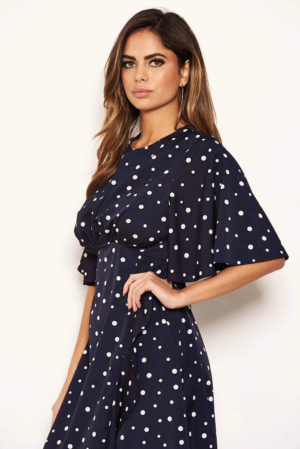 Navy Polka Dot Wrap Frill Midi Dress - Image 7