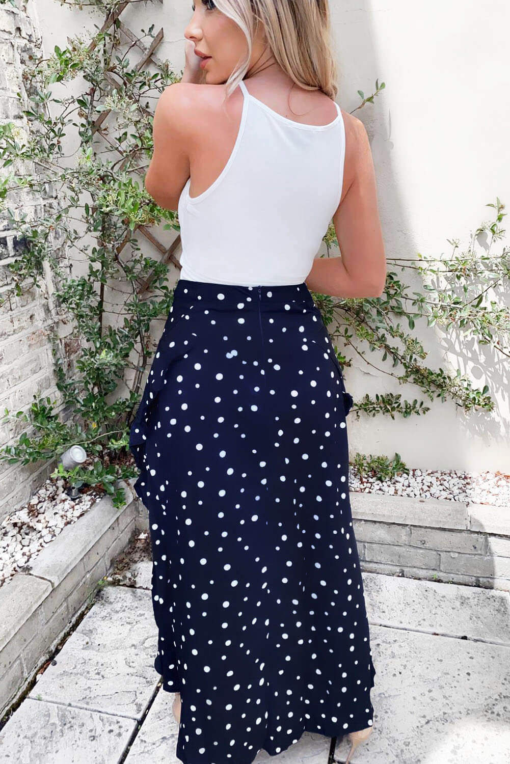 Navy Polka Dot Wrap Style Skirt - Image 3