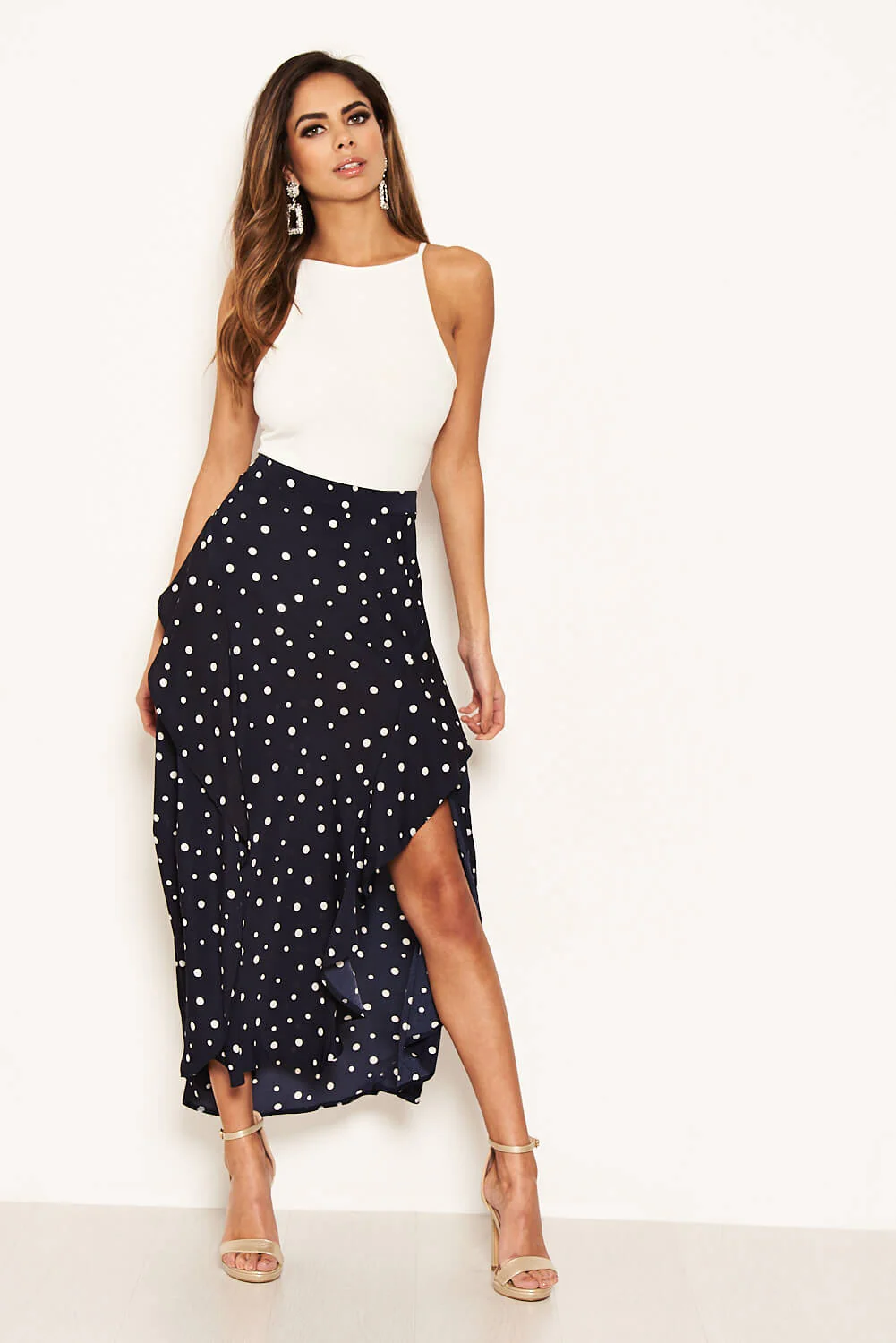 Navy Polka Dot Wrap Style Skirt - Image 4