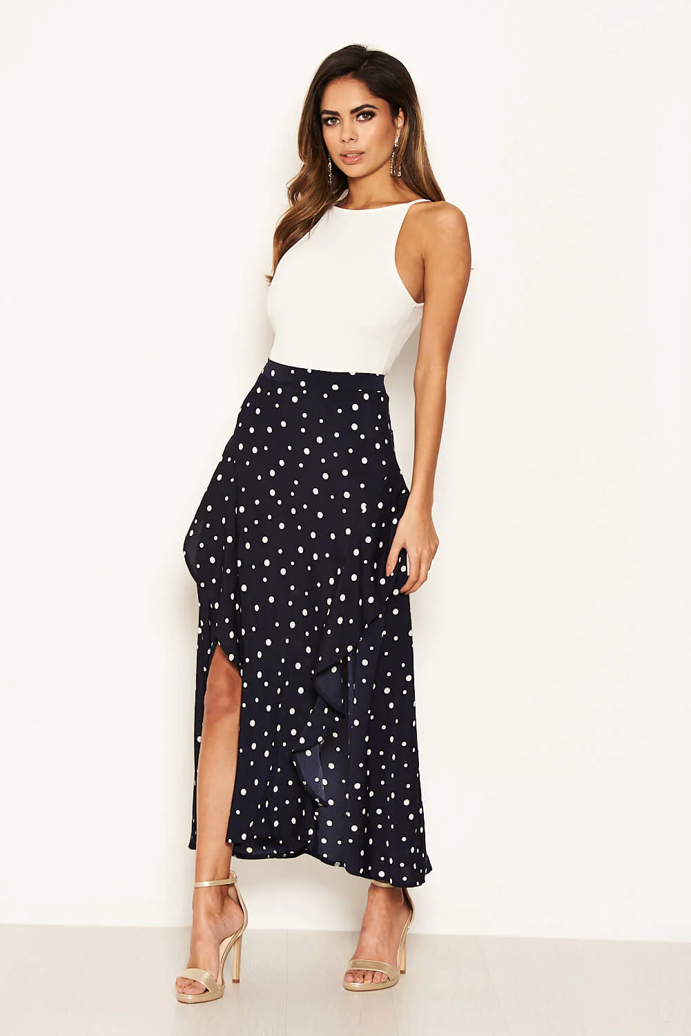 Navy Polka Dot Wrap Style Skirt - Image 5