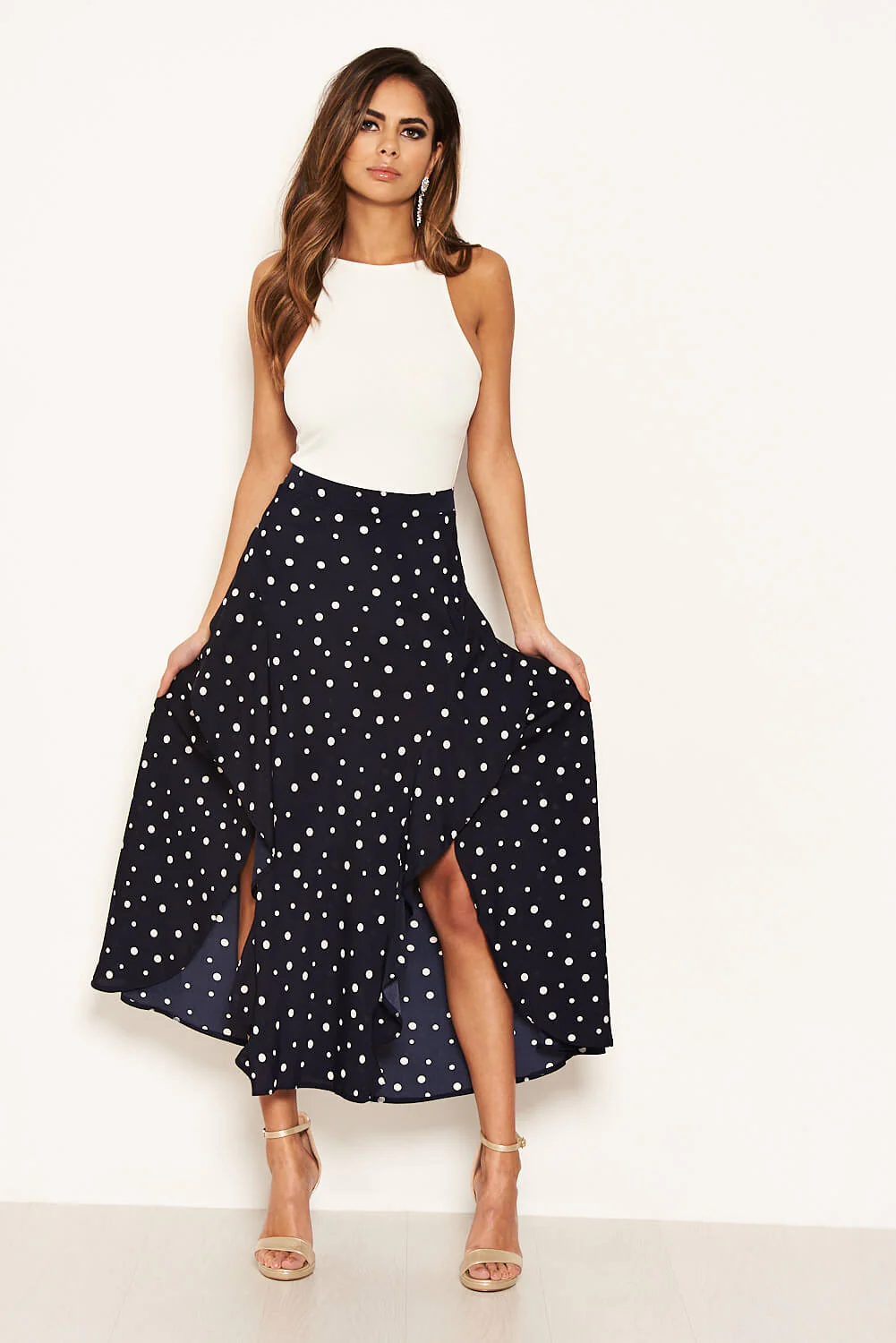 Navy Polka Dot Wrap Style Skirt - Image 6