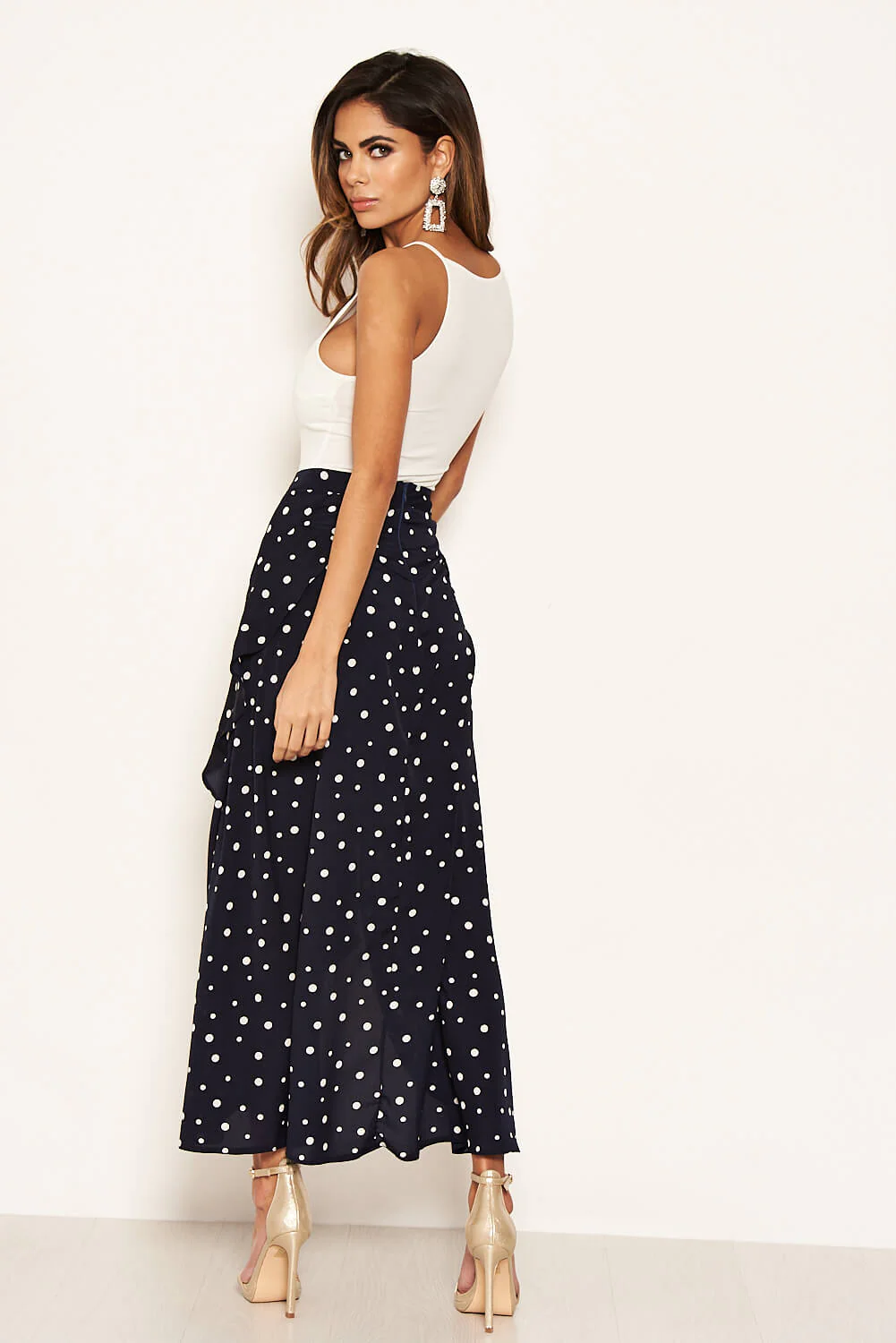 Navy Polka Dot Wrap Style Skirt - Image 7