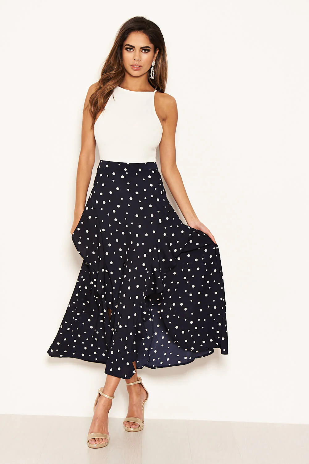 Navy Polka Dot Wrap Style Skirt - Image 8