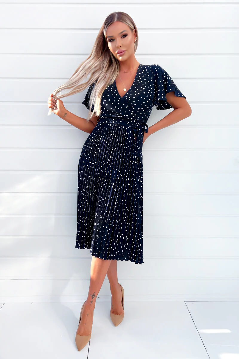 Navy Polka Dot Wrap Top Belted Pleated Midi Dress - Image 2