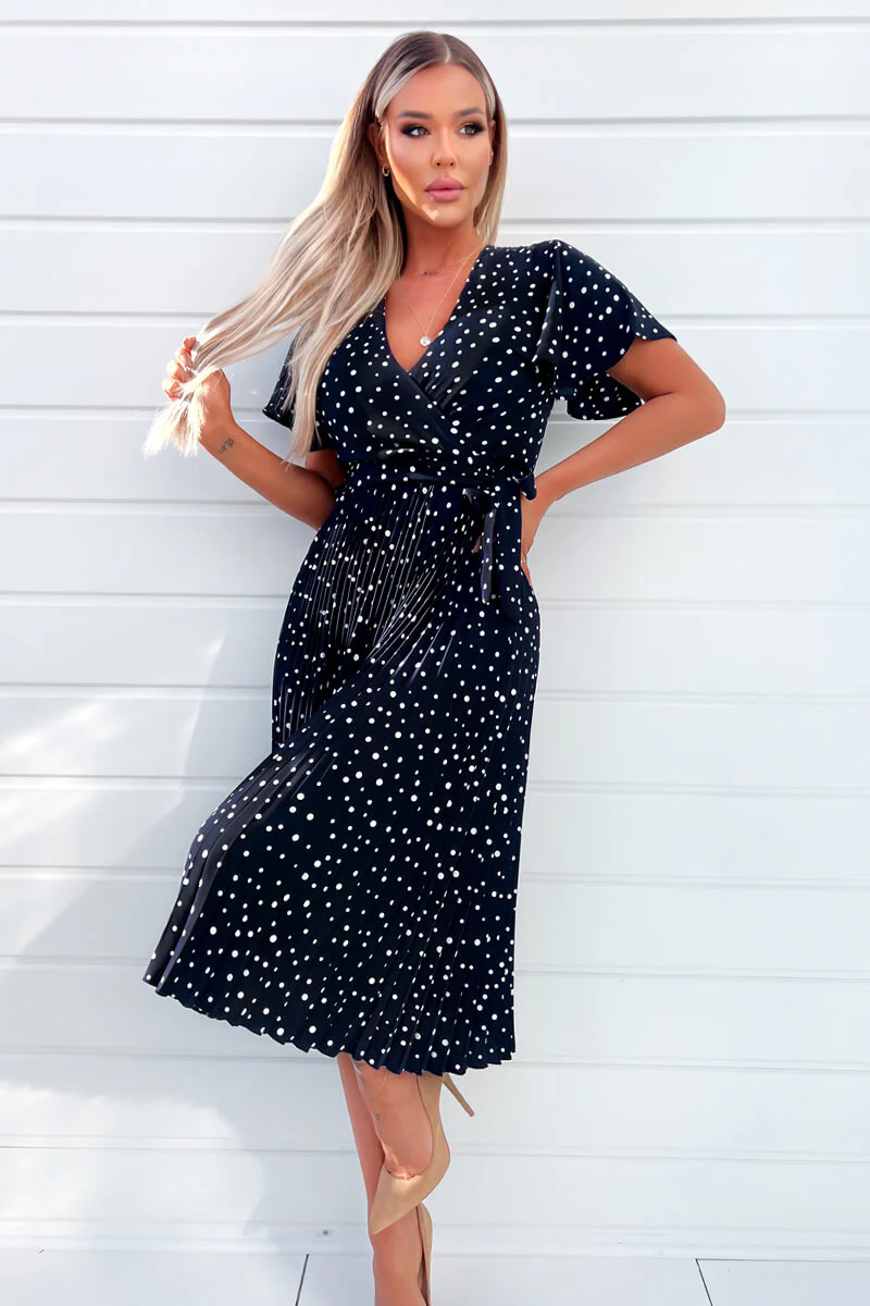 Navy Polka Dot Wrap Top Belted Pleated Midi Dress - Image 3