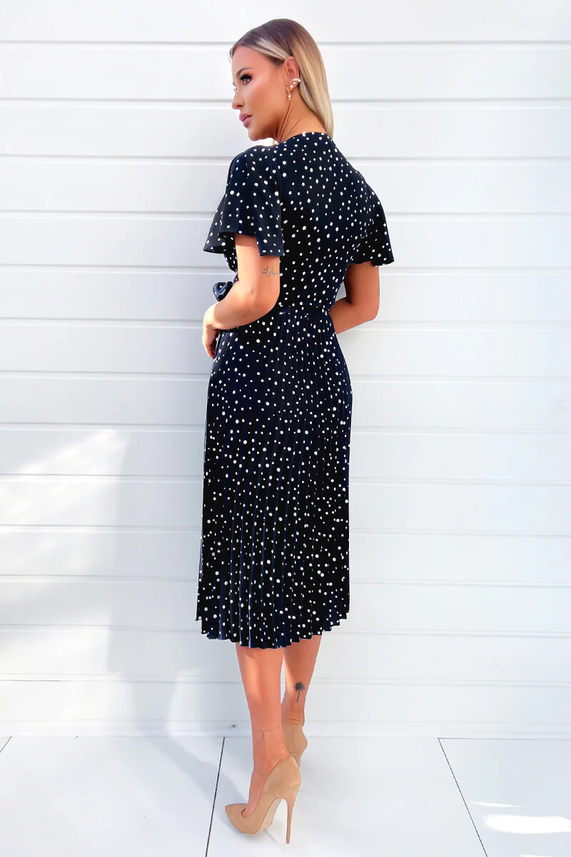 Navy Polka Dot Wrap Top Belted Pleated Midi Dress - Image 4