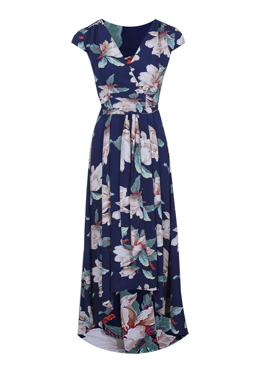 Navy Print Wrap V Neck Dress - Image 4