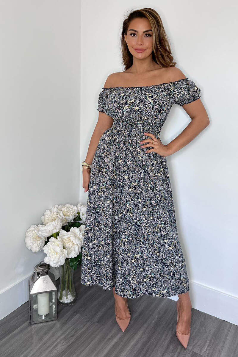 Navy Printed Elasticated Waist Bardot Midi Dress - Image 4