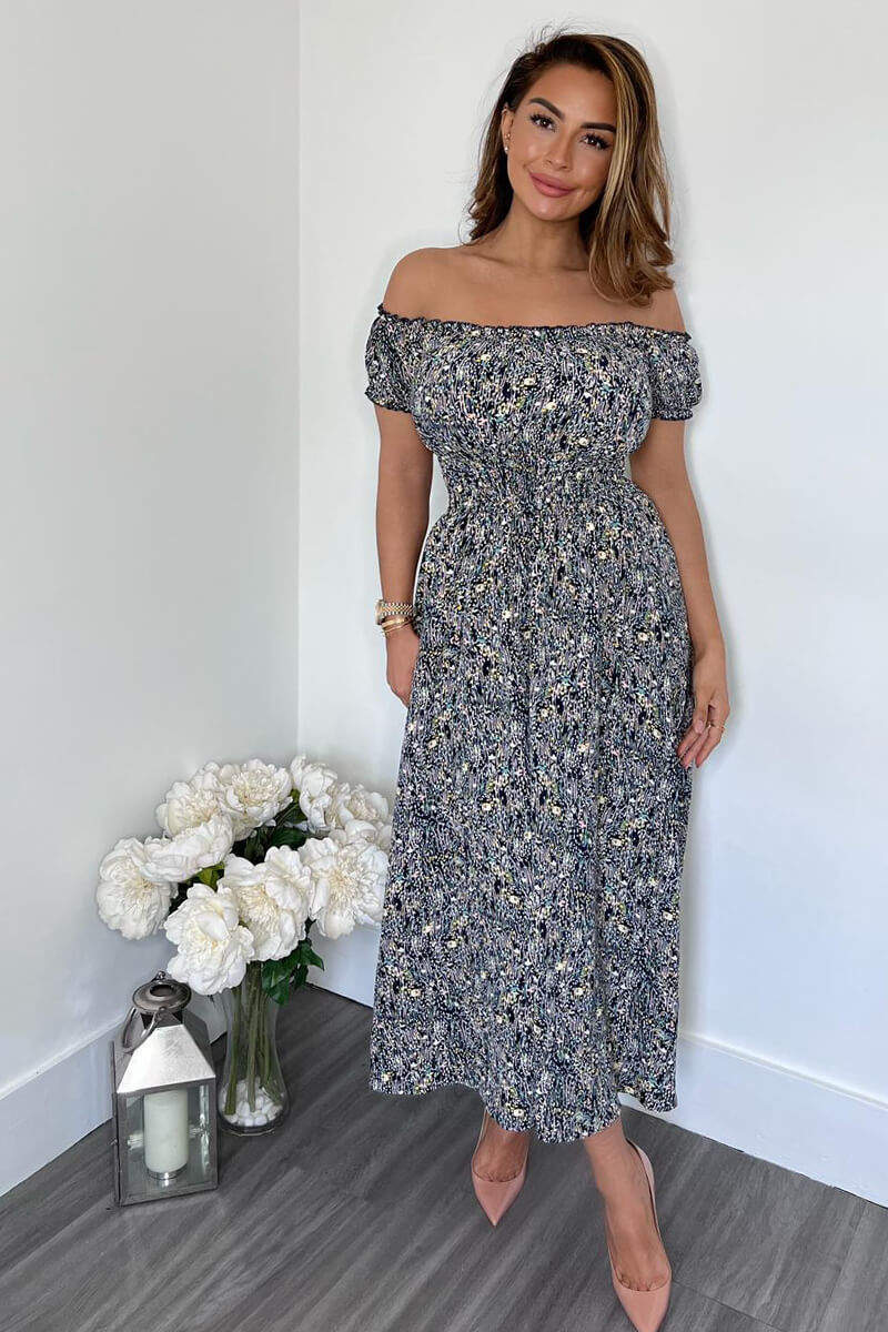 Navy Printed Elasticated Waist Bardot Midi Dress - Image 6