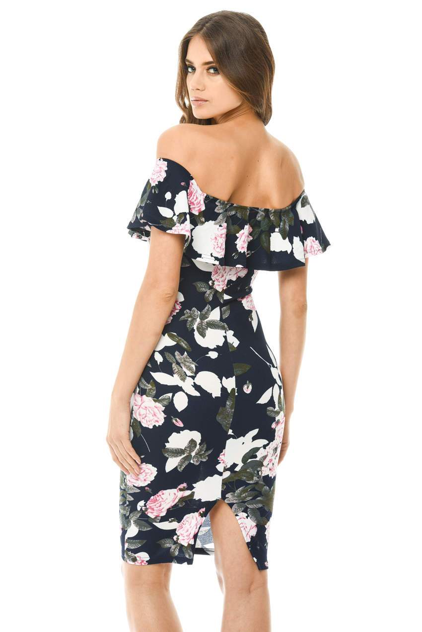 Navy Printed Floral Bardot Midi Dress - Image 3
