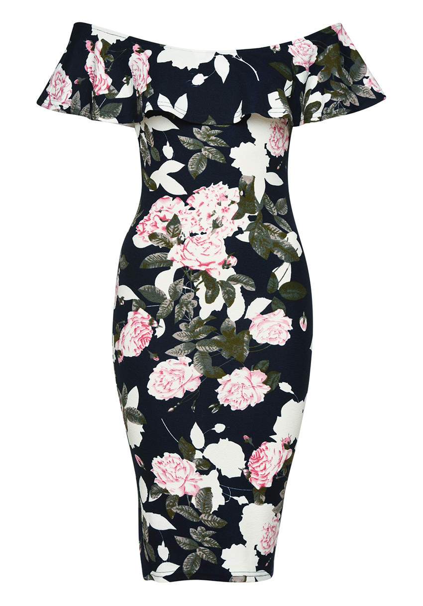 Navy Printed Floral Bardot Midi Dress - Image 4