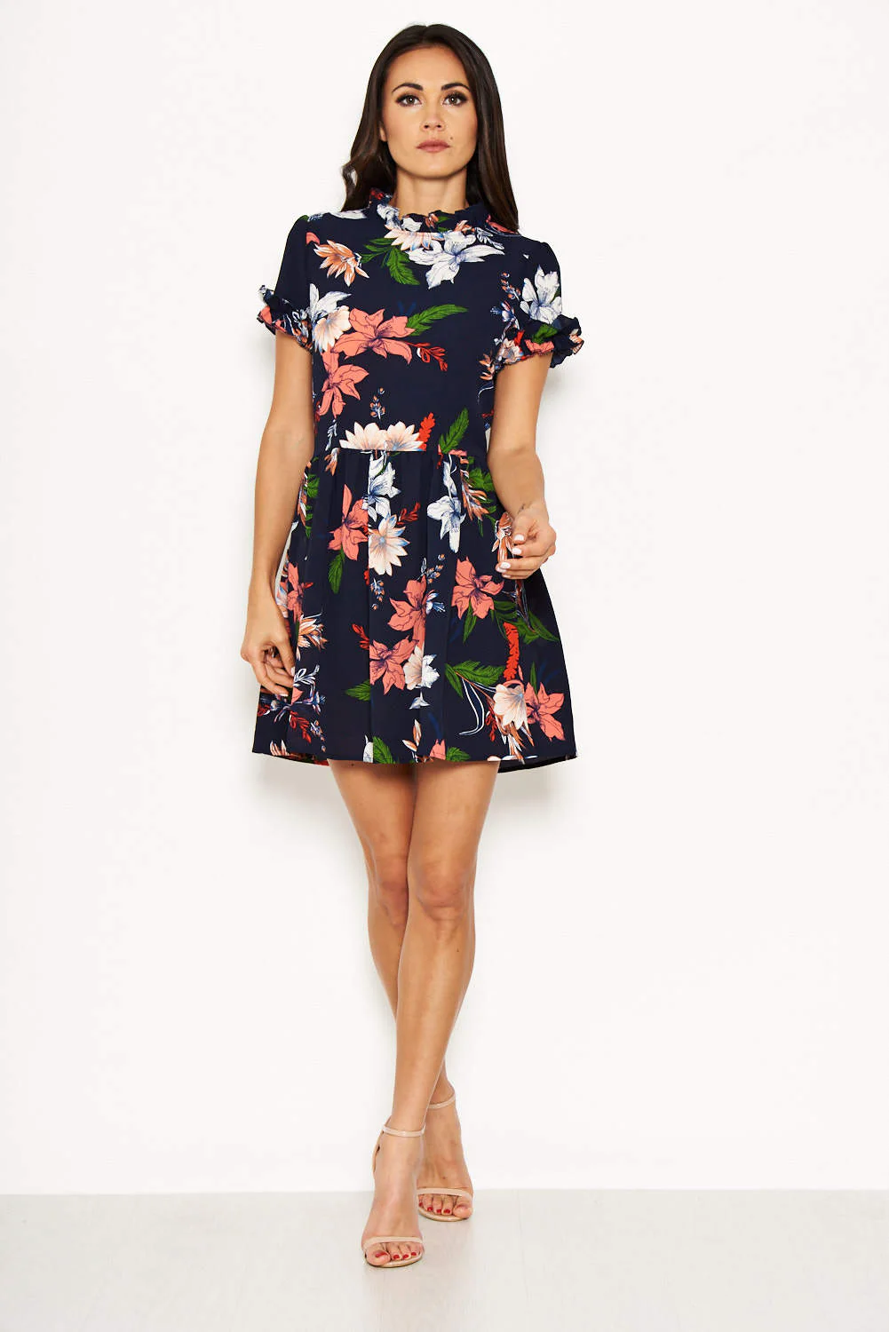 Navy Printed Frill Skater Dress - Image 2