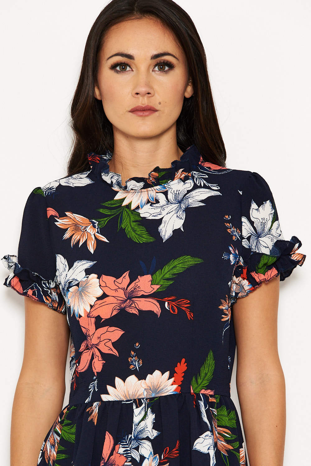 Navy Printed Frill Skater Dress - Image 4