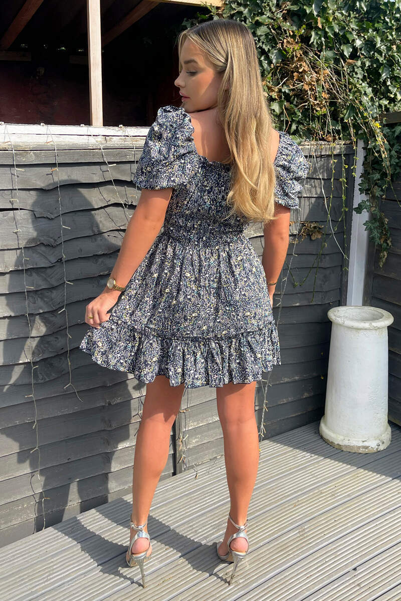 Navy Printed Puff Sleeve Shirred Mini Dress - Image 4