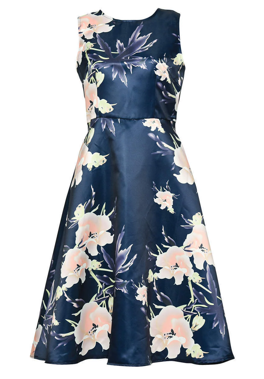 Navy Printed Skater Dress - Image 4