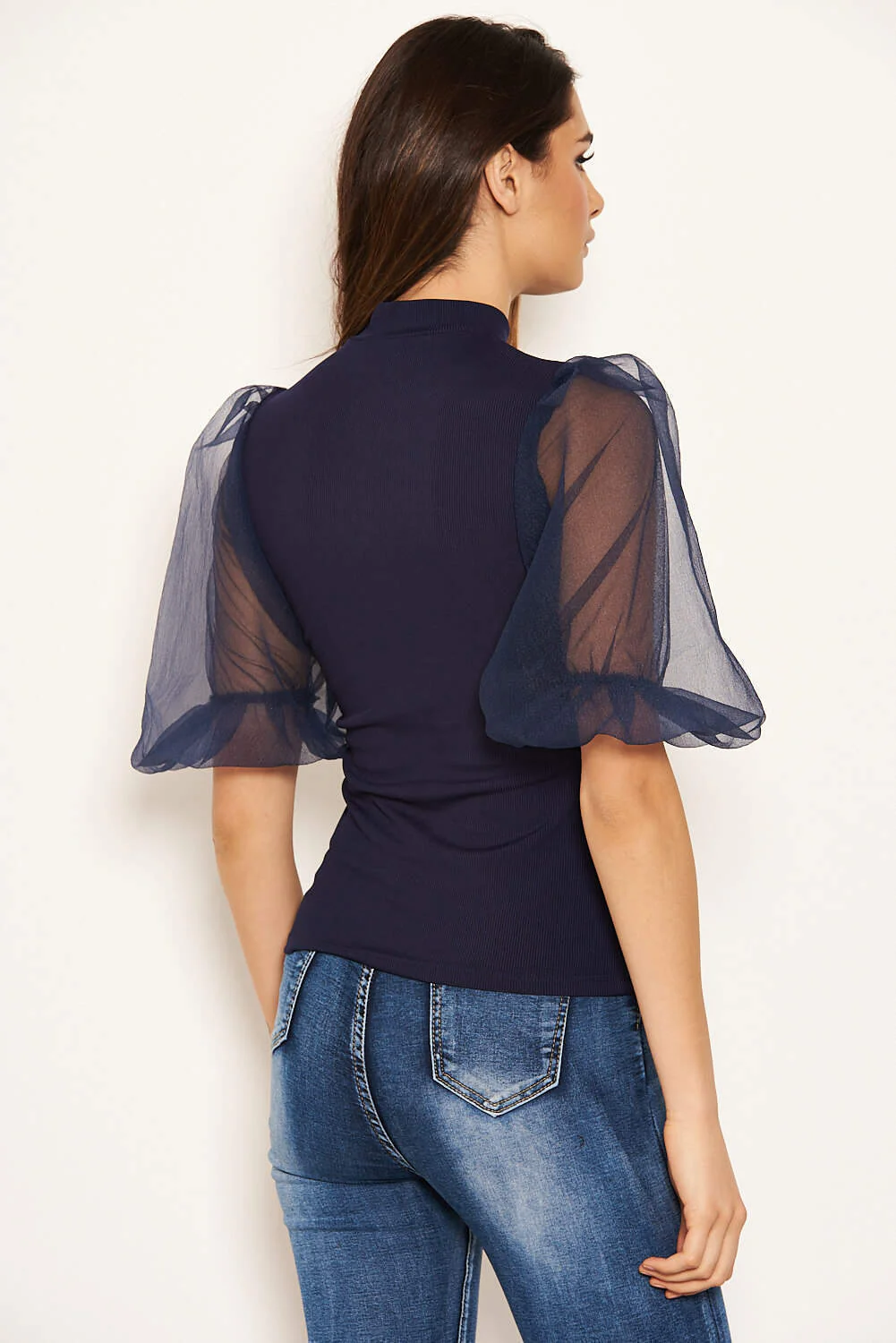 Navy Puff Sleeve Knitted Top - Image 3