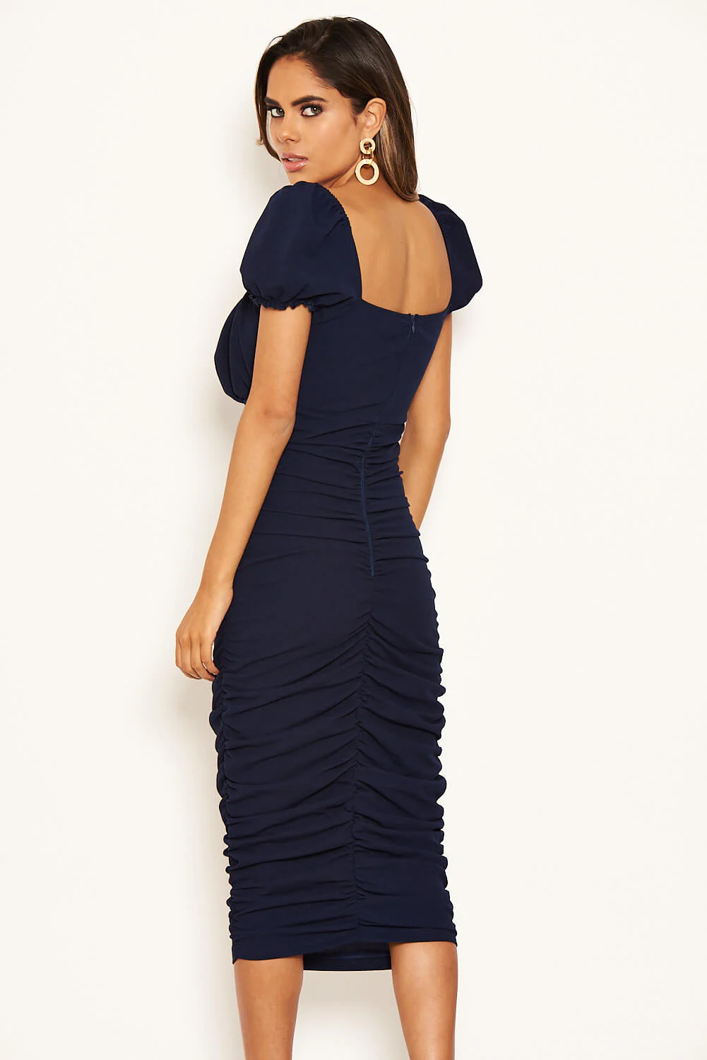 Navy Puff Sleeve Ruched Bodycon Midi Dress - Image 5